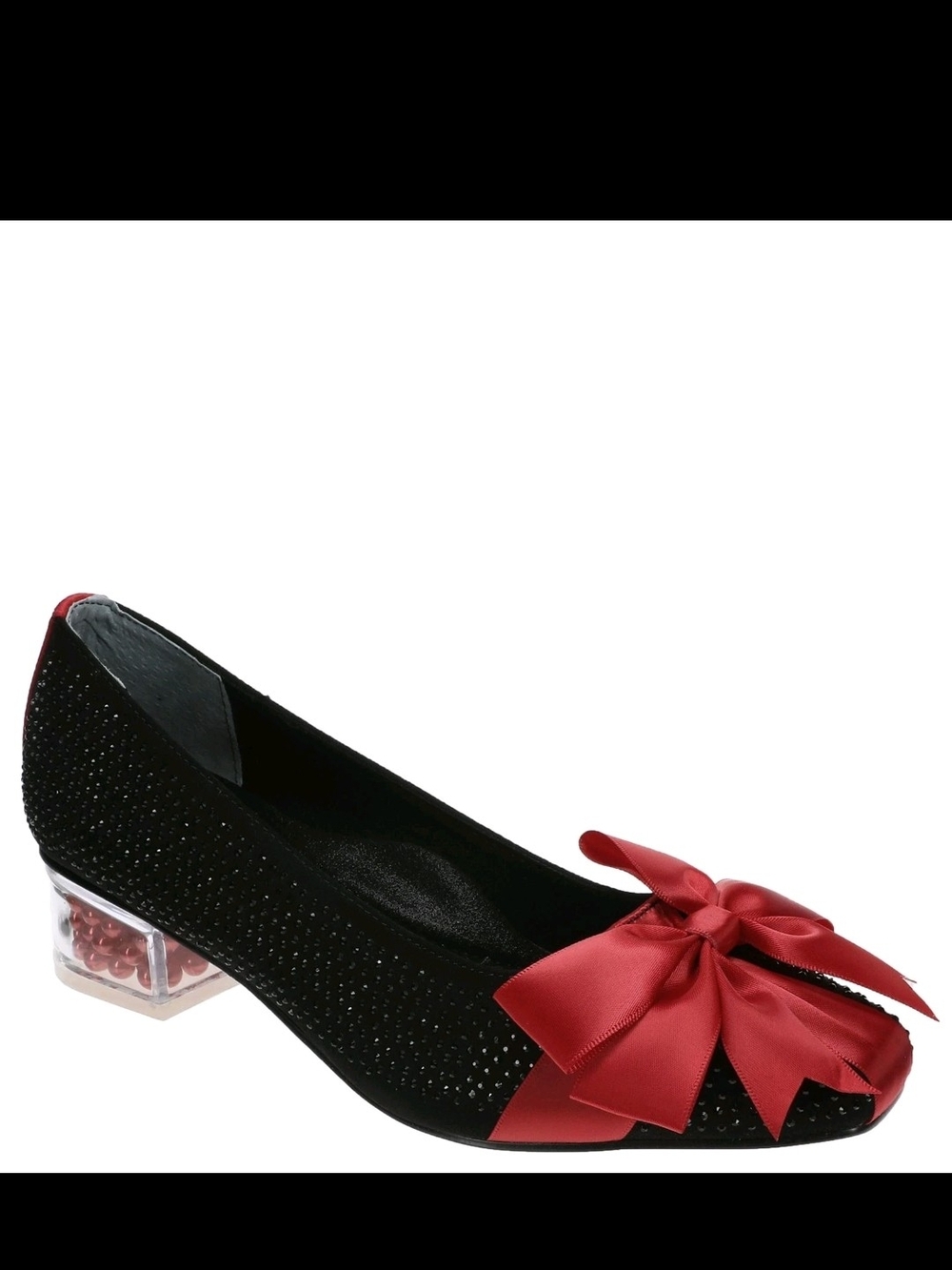 J. Renee Black Rhinestone Bow Flats Clear Pearl Block Heel Women’s Size 10M